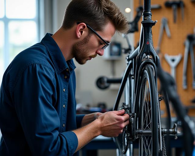 Meccanico di biciclette al lavoro nell'officina Velasophia
